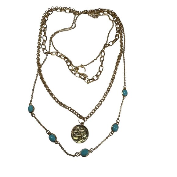 Multi Strand Gold Tone Snake Charm and Faux Turquoise Necklace - Picture 2 of 4